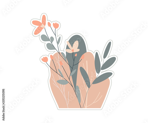 vector illustration on botanical theme with flowers in pastel colors on white background