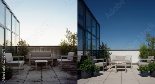 Modern rooftop terrace seating background with outdoor furniture and potted plants for balcony and patio design