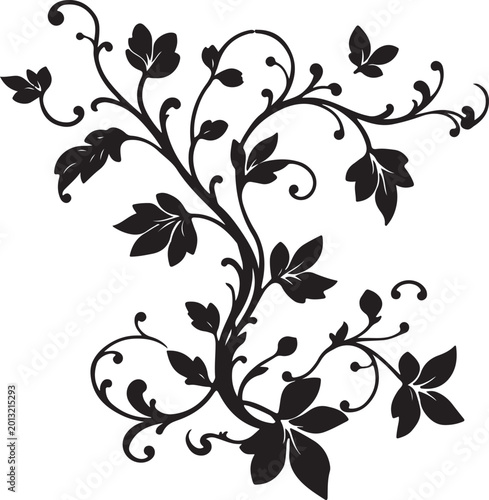 Elegant Black Floral Swirl Vector Ornament with Decorative Vine Leaves, Vintage Botanical Flourish Design Isolated on White Background
