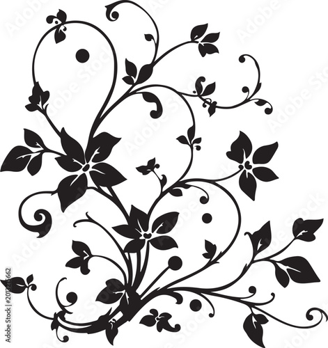 Elegant Black Floral Swirl Vector Ornament with Decorative Vine Leaves, Vintage Botanical Flourish Design Isolated on White Background
