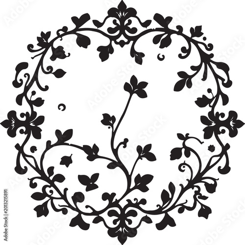 Elegant Black Floral Swirl Vector Ornament with Decorative Vine Leaves, Vintage Botanical Flourish Design Isolated on White Background
