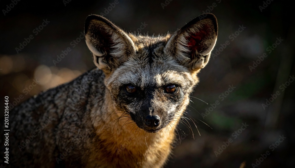 Obraz premium Close up portrait of an adult bat eared fox with large ears looking at the camera in a natural habitat setting during the golden hour light.
