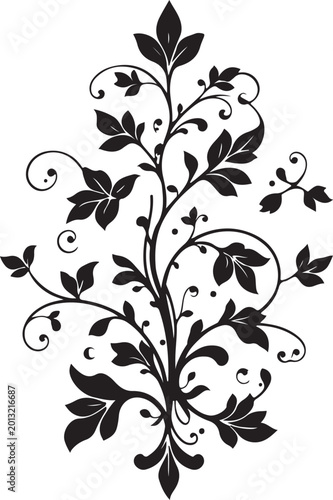 Elegant Black Floral Swirl Vector Ornament with Decorative Vine Leaves, Vintage Botanical Flourish Design Isolated on White Background
