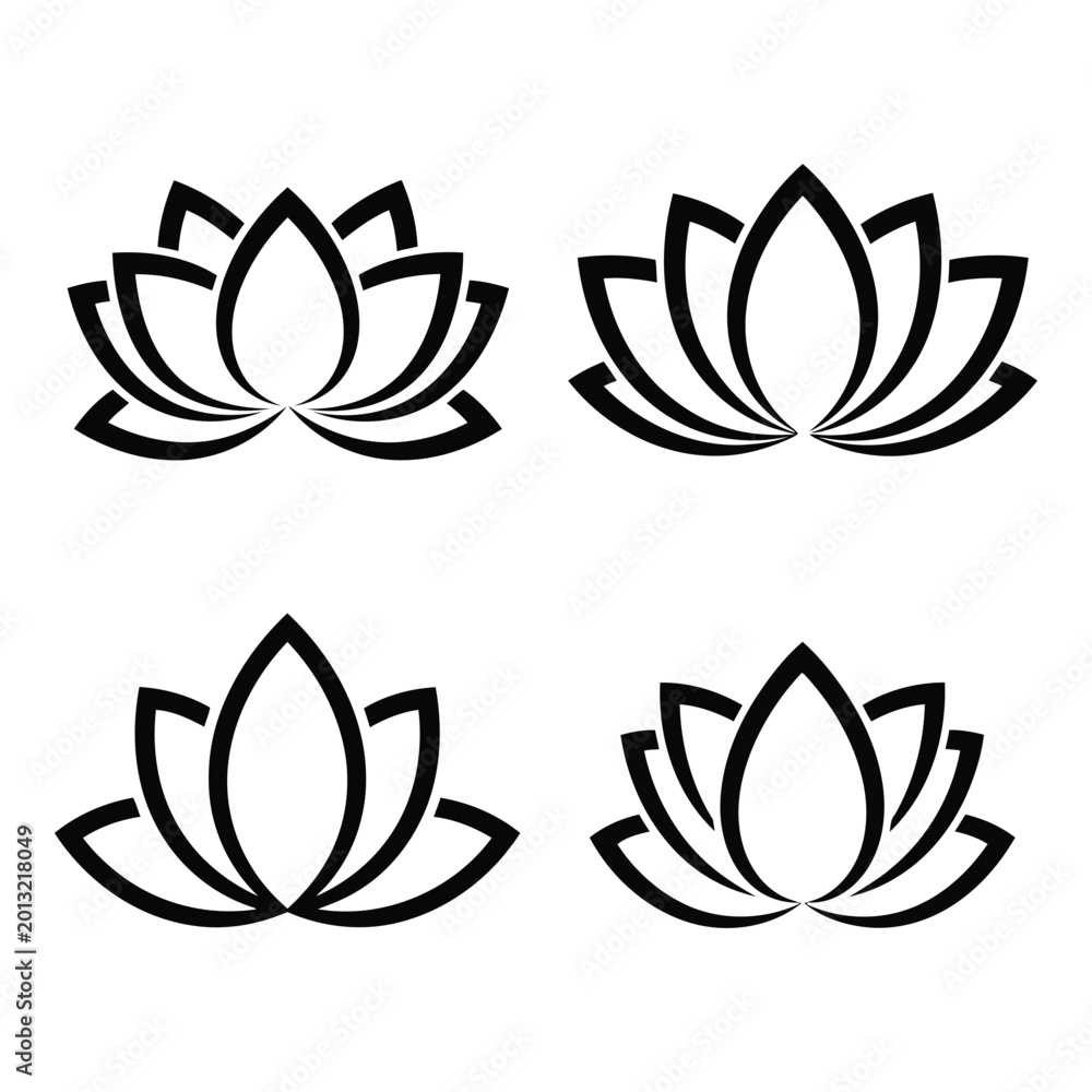 Fototapeta premium Black Lotus Flower Icons Set Isolated on White Background, Minimalist Vector Illustrations