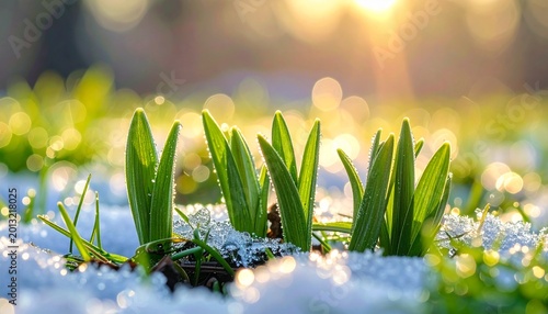 Close up of fresh green grass sprouts growing through melting snow during early spring sunrise with beautiful soft natural bokeh light effect.