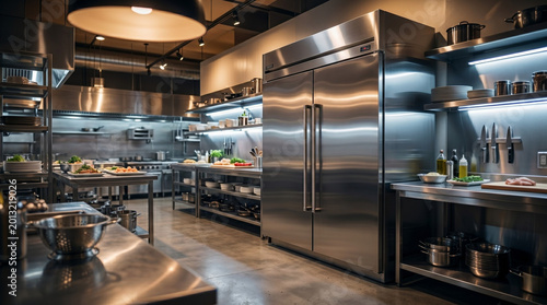 A wide-angle, hyper-realistic shot of a modern high-end restaurant kitchen. Focus on a large industrial double-door stainless steel refrigerator. Clean, reflective surfaces, warm ambient lighting 
