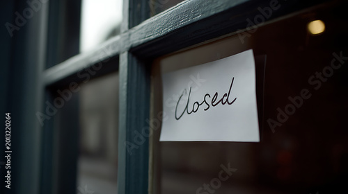 A close-up view of a handwritten 'Closed' sign affixed to a glass window with dark wooden frames, conveying a sense of finality and business closure