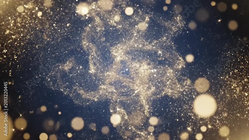 Glowing Golden Particle Swirl Moving Through Dark Abstract Space