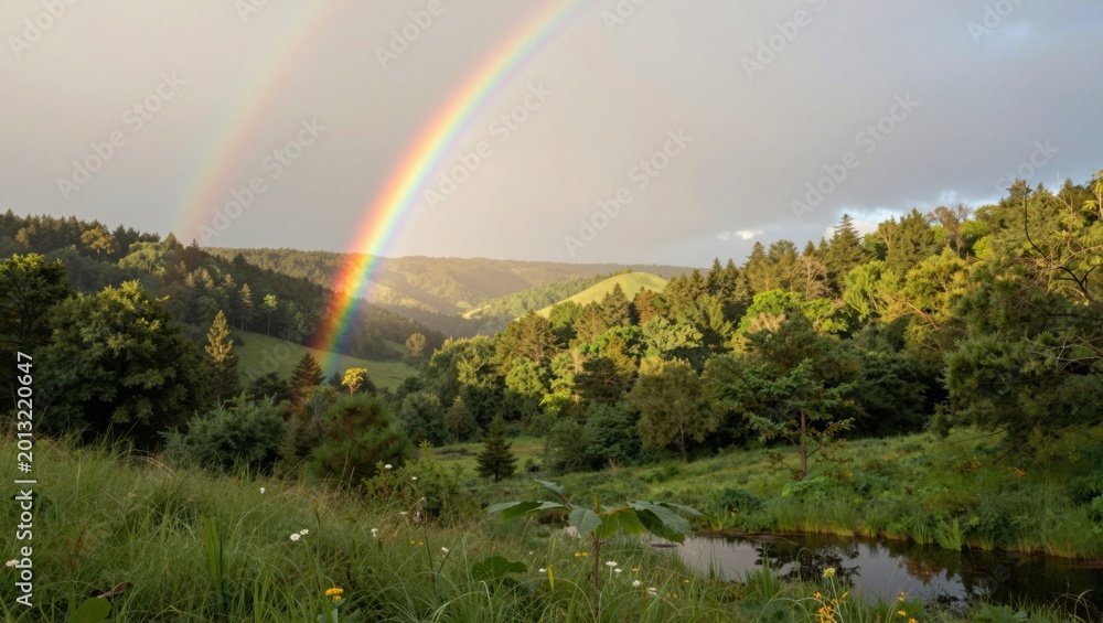 Fototapeta premium Double rainbow over grassy hillside with small pond