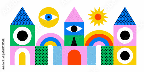 Tableau sur toile Geometric cityscape illustration with colorful buildings and eyes