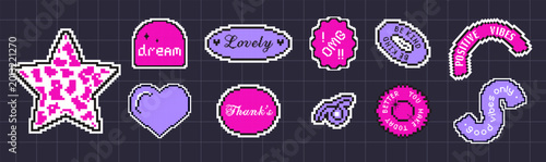 Retro pixel sticker pack with trendy words. Fun 8bit purple badges, Y2K slang in abstract shapes.