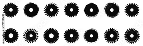 Saw blade silhouettes icon collection showing circular saw blade symbols for carpentry, woodworking, and industrial tool branding and logo design vector artwork.