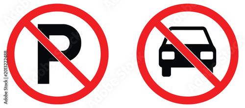 No parking and no car prohibition sign icons showing restriction symbols for traffic control, road safety rules, and modern flat vector design systems.