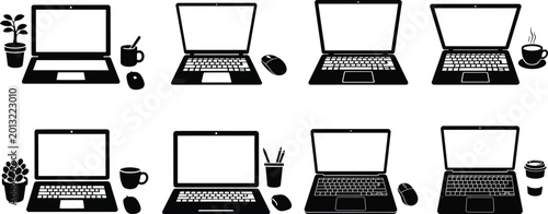 Business workspace essentials laptops coffee and productivity tools
