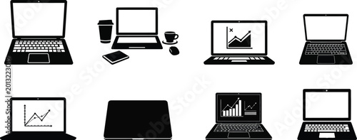 Business technology laptops with data visualizations and workspace essentials