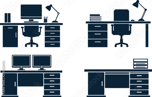Modern office workstations business desks chairs and equipment layouts