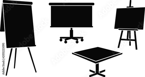Business presentation equipment icons boards and tables for meetings