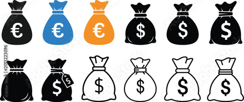 Money bag icons euro and us dollar symbols for business and finance