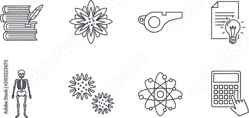 Foto Educational school subject line icons featuring science, biology, math, literature, and physical education academic symbols