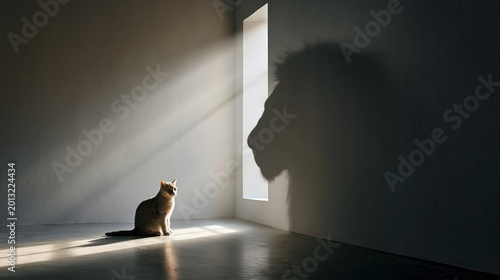 Small Cat Sitting in Sunlight with Shadow of a Majestic Lion