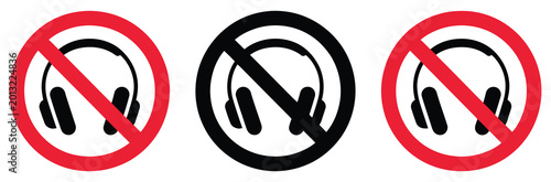 Quadro su tela No headphones allowed symbol set showing crossed headphone icons in red prohibition circles for audio restriction, warning signs, and safety control design