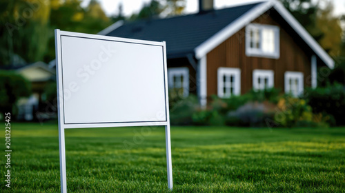 Blank white real estate sign in front yard of traditional Scandinavian style brown wooden house with green lawn