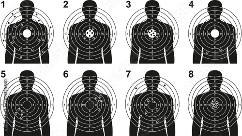 Foto Black silhouette shooting target illustration set with concentric scoring rings,