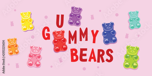 Cute colorful gummy bears poster in kawaii candy style