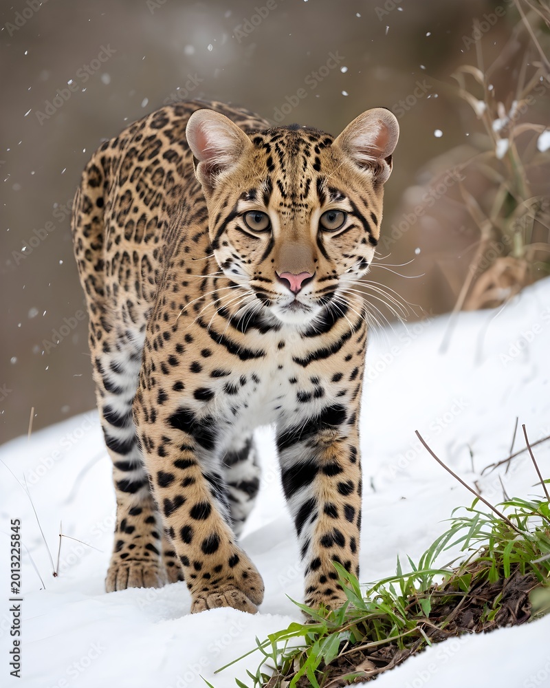 Fototapeta premium An oncilla, northern tiger cat genetic hybrid experiment fantasy animal, fictional species in a snow blanketed cliff meadow