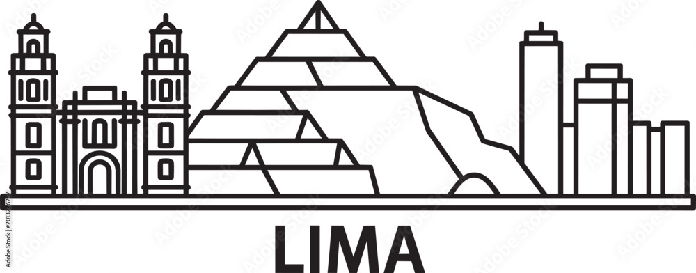 Naklejka premium Lima skyline with pyramid building and skyscrapers in outline style with modern building urban
