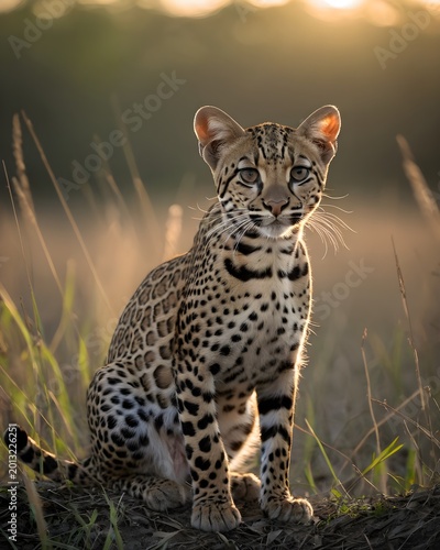 an oncilla , northern tiger cat genetic hybrid experiment fantasy animal, fictional species in a ashen meadow