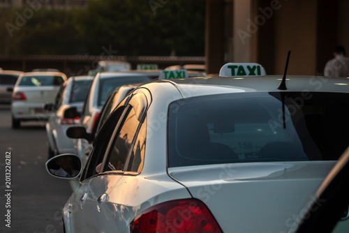 Slika na platnu A row of traditional white taxi cars parked at a designated street stand, waiting for passengers