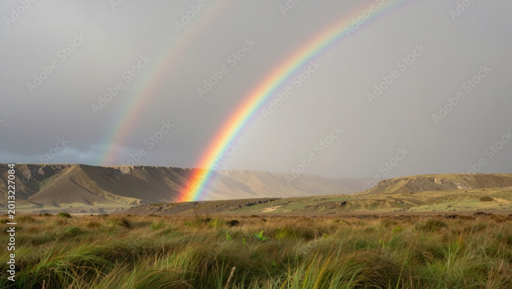 Fototapeta premium Double rainbow arching over grassy dunes and rocky cliffs
