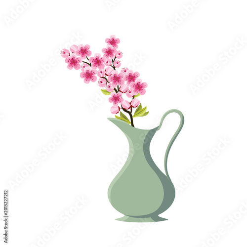 Vintage pastel water pot with pink cherry blossoms, elegant spring decor vector illustration