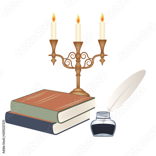 Vintage writing scene with books, ink bottle and candle holder, vector