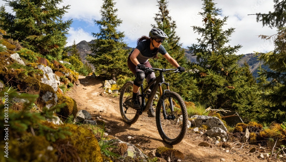 Naklejka premium Mountain biker riding downhill on forest trail with pine trees