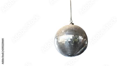 Fototapeta na wymiar A shiny silver disco ball hangs from a string on white background with bright reflections