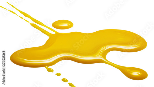 Tableau sur toile Isolated bright yellow paint or fluid pouring and splashing with glossy droplets