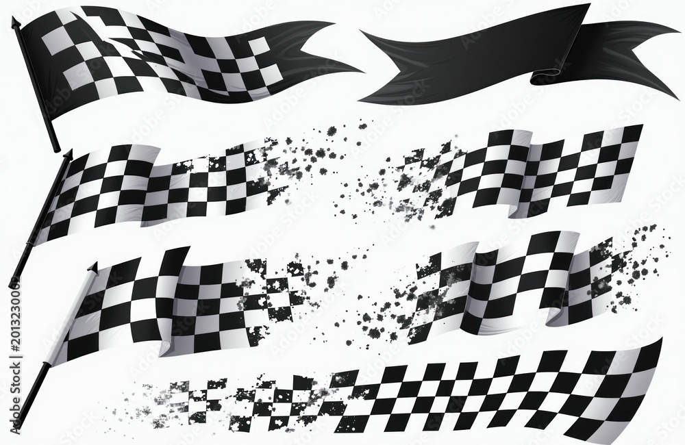 Fototapeta premium Collection of racing flags includes checkered and solid black banners. Some flags fragment into dust. Graphics show movement and speed. Use for motorsport themes.