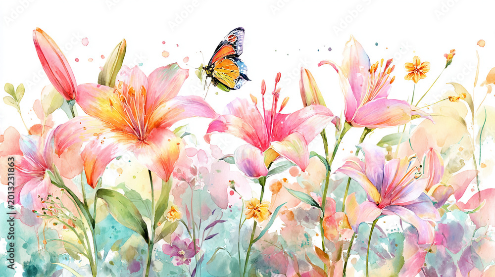 Fototapeta premium watercolor botanical butterfly and flowers texture template background. Design for wedding, vip cover, poster, rsvp moderncard.Valentine's Day 