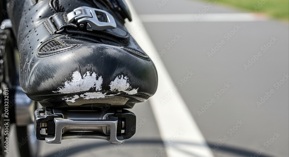 Fototapeta premium Worn cycling shoe clipped into pedal, scuffed toe and shiny buckle, on asphalt path