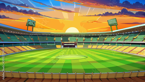 фотографія Cricket stadium, green field, sunset background, sports venue, illustration