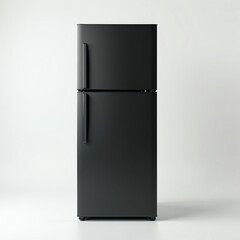 Matte black two-door refrigerator with top freezer on white studio background. Sleek minimalist appliance stands tall, offering clean domestic storage. Neutral mood, object isolated.