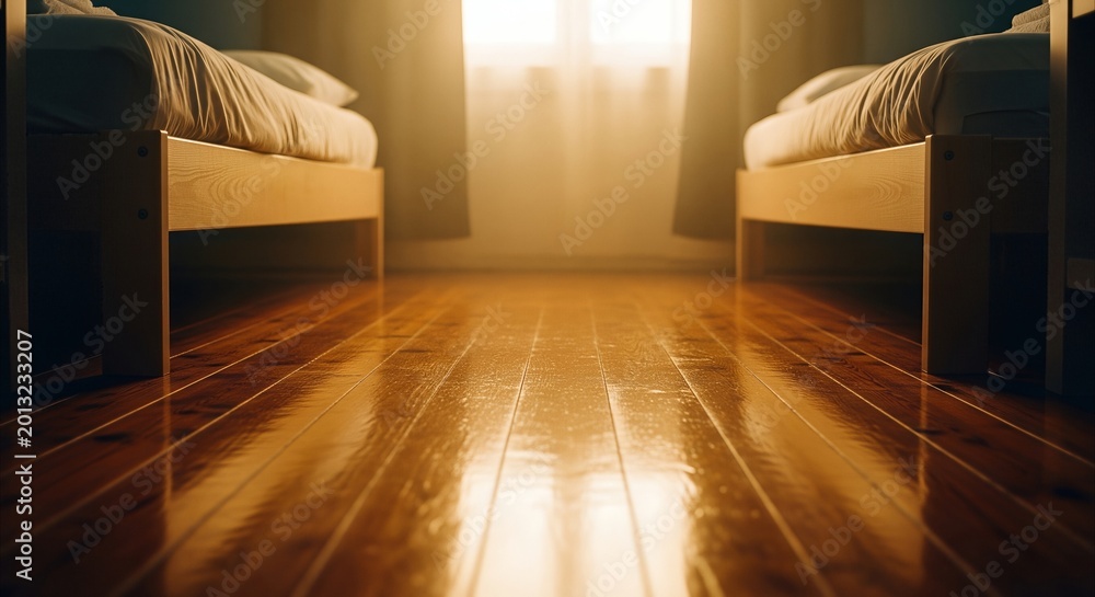 Fototapeta premium Golden Hour Sunlight Gleams on Polished Wooden Floor Between Twin Beds in Minimalist Bedroom