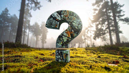 Patterned Stone Question Mark in Misty Sunlit Forest with Mossy Ground