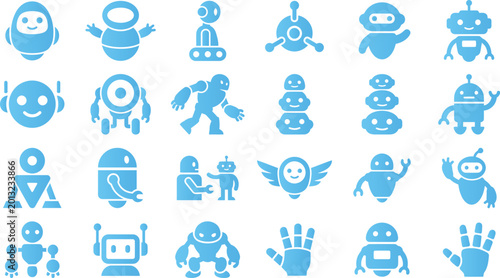 Schilderij op canvas Various blue robot icons, from friendly androids to industrial machines, representing AI, technology, automation, and future innovation