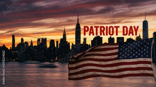 Patriot day remembrance new york city skyline with american flag at sunset