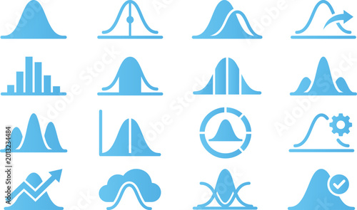 Normal distribution bell curve chart icon set statistical data analysis probability math graph Gaussian finance diagram.