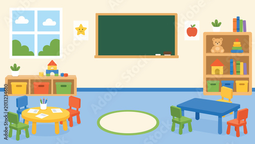 Kindergarten classroom interior with empty chalkboard, kids furniture and toys, flat vector illustration