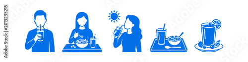 Bild auf Leinwand Blue minimalist icons depicting healthy eating and hydration habits, featuring people enjoying breakfast, smoothies, and water for a wellness lifestyle
